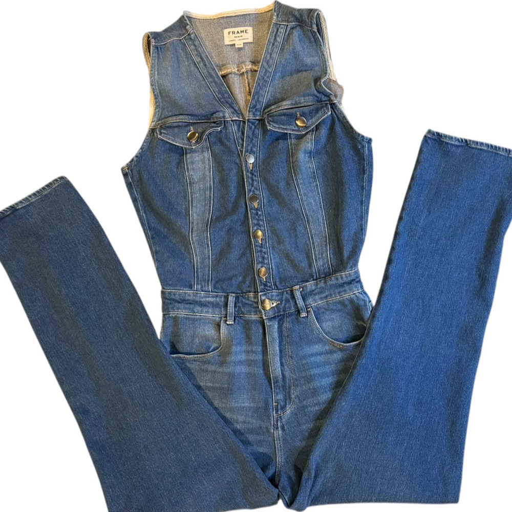 Frame Denim Blue Jeans Women's Le Slender Jumpsuit Overalls Size Medium 27 - Picture 6 of 12
